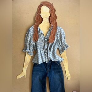 Doen Henri Top Blue Meadowlark Plaid Ruffle Topsz M